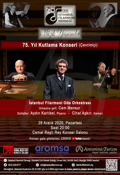 iFD 75. Yıl Kutlama Konseri 28 Aralık 2020 Pazartesi @ CRRKS İstanbul Filarmoni Oda Orkestrası Cem Mansur - Aydın Karlıbel - Cihat Aşkın program kitapçığı